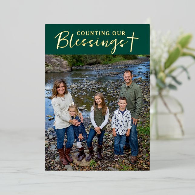 Christmas Blessings Photo Cross Script Faith Green Foil Holiday Card (Standing Front)