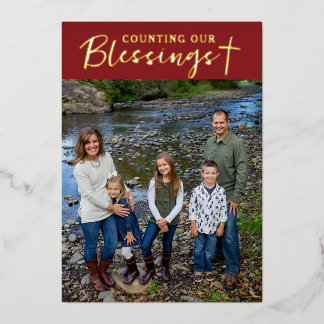 Christmas Blessings Photo Cross Script Faith Red Foil Holiday Card