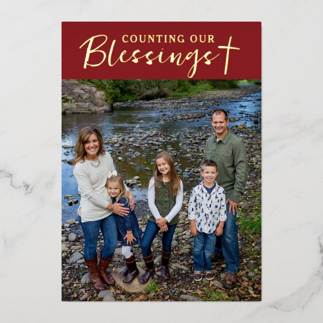 Christmas Blessings Photo Cross Script Faith Red Foil Holiday Card (Front)