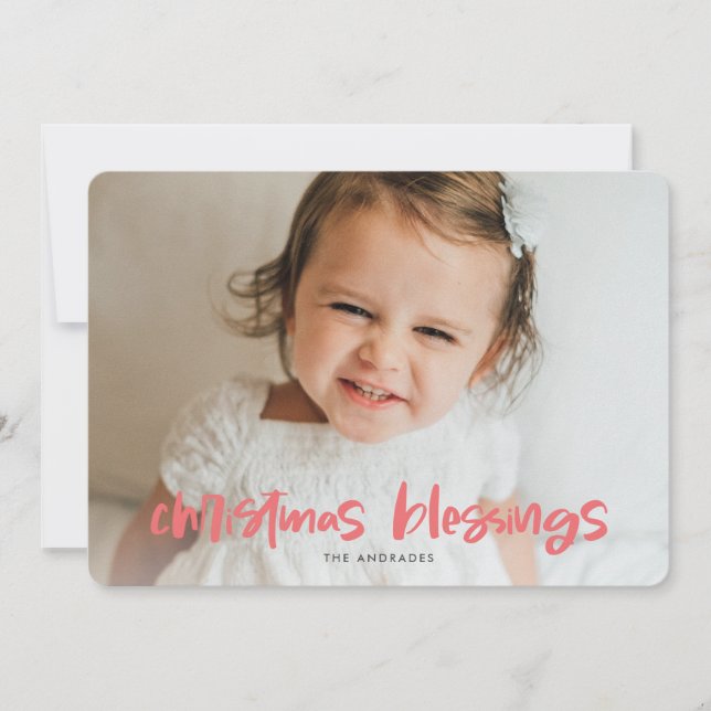 Christmas Blessings Photo Pink Simple Modern Kids Holiday Card (Front)