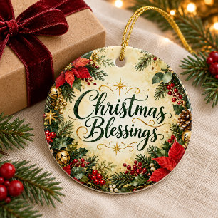 Christmas Blessings Red Poinsettia & Gold Ceramic Tree Decoration