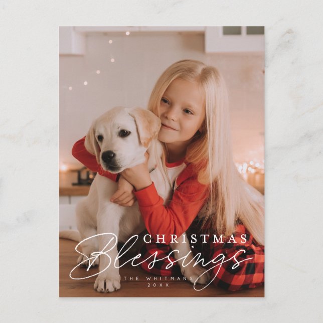 Christmas Blessings script and serif photo  Holiday Postcard (Front)