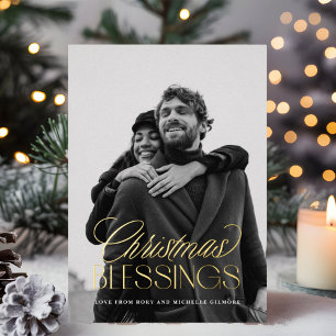 Christmas Blessings Stylish Text Overlay 1-Photo Foil Holiday Card