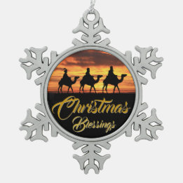 Christmas Blessings Three Wise Men Orange Sunset Snowflake Pewter Christmas Ornament