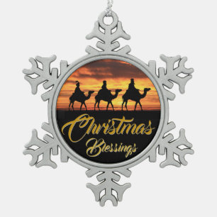 Christmas Blessings Three Wise Men Orange Sunset Snowflake Pewter Christmas Ornament