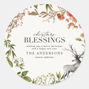 Christmas Blessings watercolor foliage Holiday Classic Round Sticker