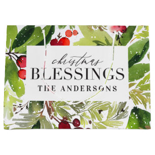 Christmas Blessings watercolor foliage personalise Large Gift Bag