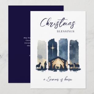 Christmas Blessings Watercolor Nativity Scene Holiday Card