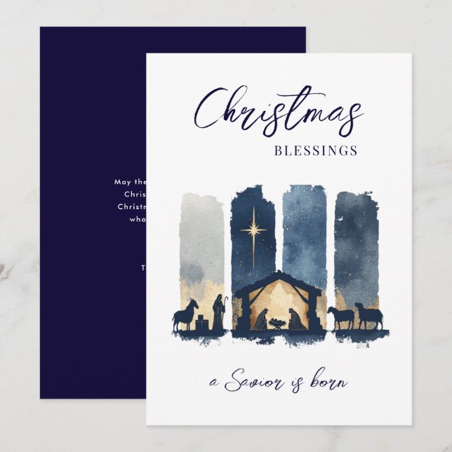Christmas Blessings Watercolor Nativity Scene Holiday Card (Front/Back)