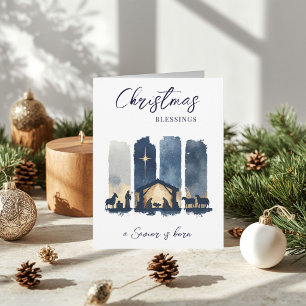 Christmas Blessings Watercolor Nativity Scene Holiday Card