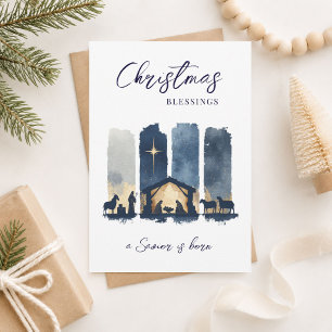 Christmas Blessings Watercolor Nativity Scene Holiday Card