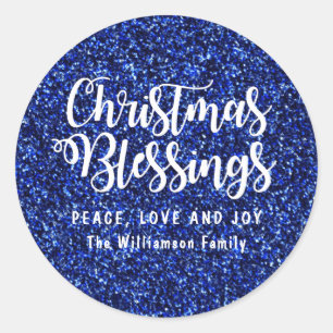 Christmas Blessings White Text on Blue Glitter Classic Round Sticker