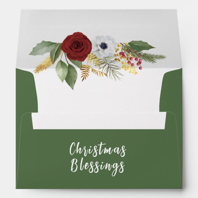 Christmas Blessings Winter Rose Floral Green Envelope (Back (Bottom))