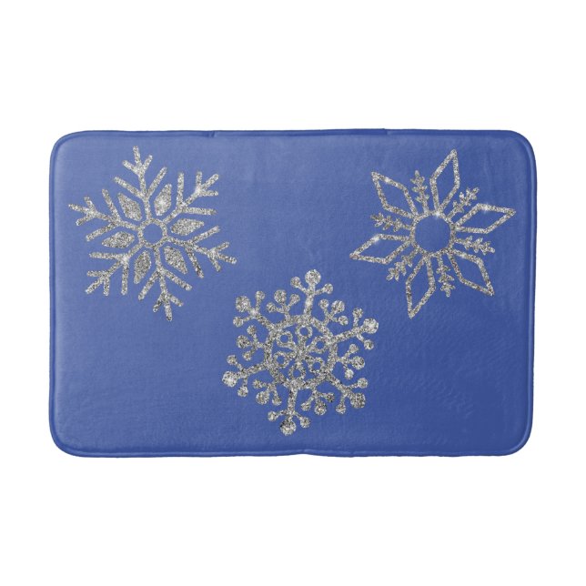 Christmas Bling Silver Snowflakes on Blue Bath Mat (Front)