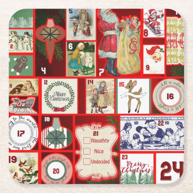 Christmas Block Advent Illustration Square Art Paper Coaster (Front)