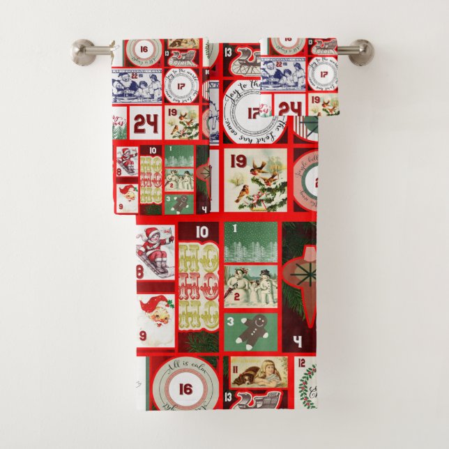 Christmas Block Illustration Squares Bath Towel Set (Insitu)