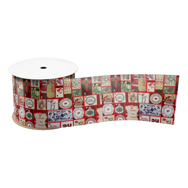 Christmas Block Illustration Squares Satin Ribbon (Spool)