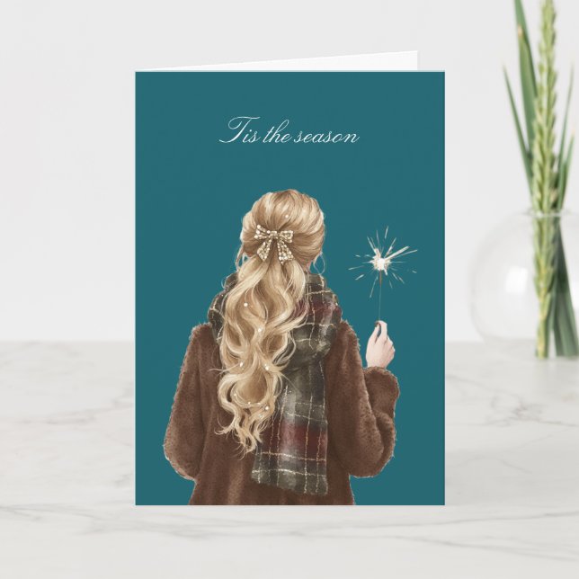 Christmas Blond Hair Girl Sparkler Celebration Card (Front)