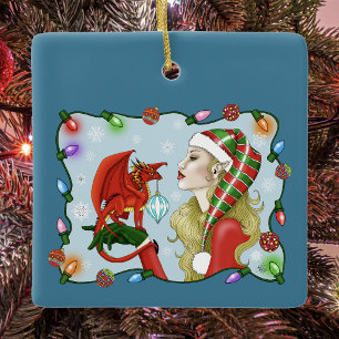 Christmas Blonde Elf Red Dragon Fantasy Ceramic Ornament