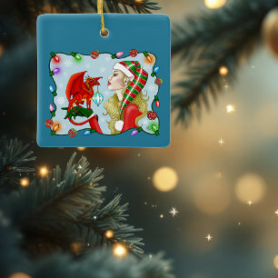 Christmas Blonde Elf Red Dragon Fantasy  Ceramic Ornament