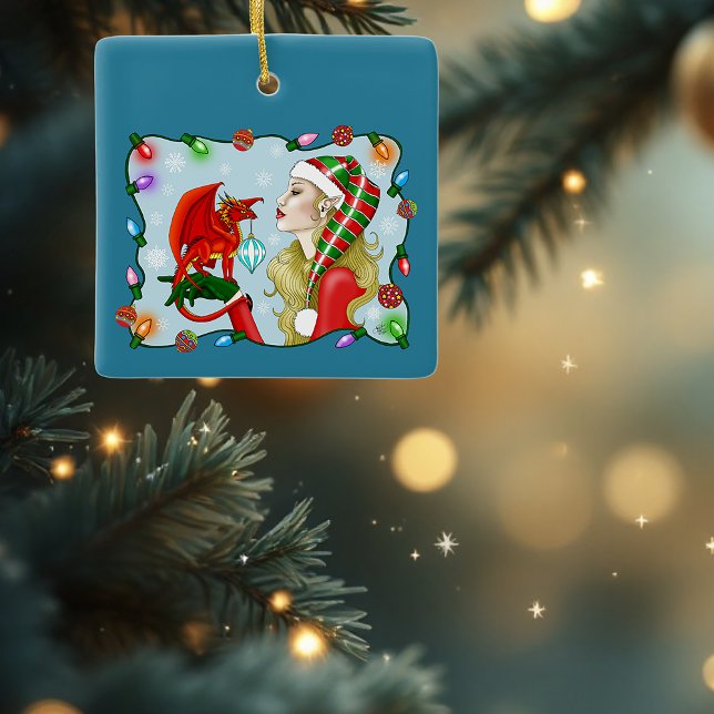 Christmas Blonde Elf Red Dragon Fantasy  Ceramic Ornament (Creator Uploaded)