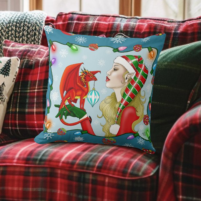 Christmas Blonde Elf Red Dragon Fantasy  Cushion (Creator Uploaded)