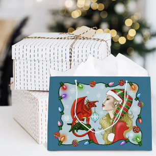 Christmas Blonde Elf Red Dragon Fantasy Large Gift Bag