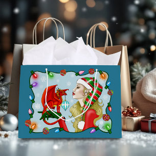 Christmas Blonde Elf Red Dragon Fantasy  Large Gift Bag