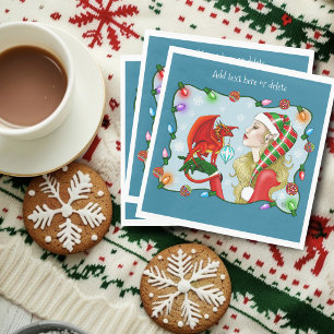 Christmas Blonde Elf Red Dragon Fantasy  Napkin