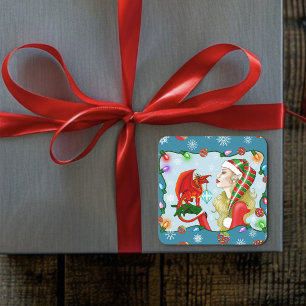 Christmas Blonde Elf Red Dragon Fantasy Square Sticker