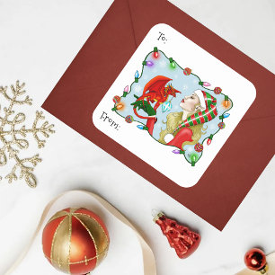 Christmas Blonde Elf Red Dragon Fantasy Square Sticker