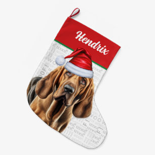 Christmas Bloodhound with Name Woof Background Large Christmas Stocking