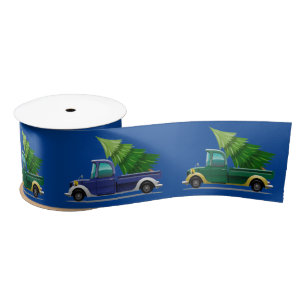Christmas Blue and Green Truck with Tree  Satin Ribbon