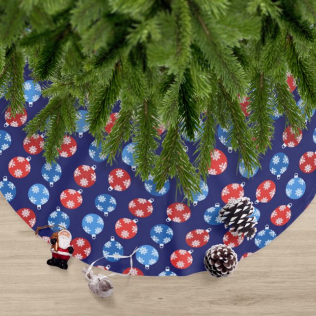 Christmas blue and red ornaments with snowflakes brushed polyester tree skirt (Trendy modern Red and blue Christmas ornaments with snowflakes Christmas tree skirt)