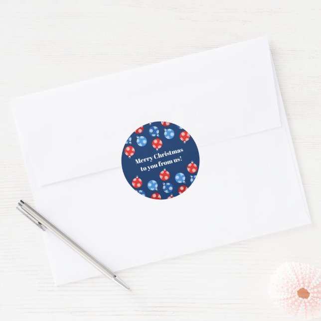 Christmas blue and red ornaments with snowflakes classic round sticker (Envelope)