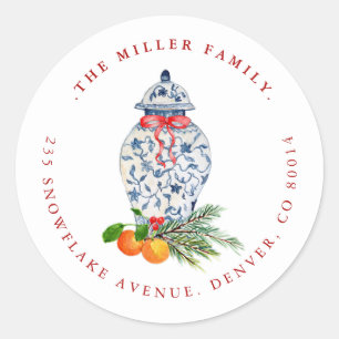 Christmas Blue and white Ginger jar address Classic Round Sticker