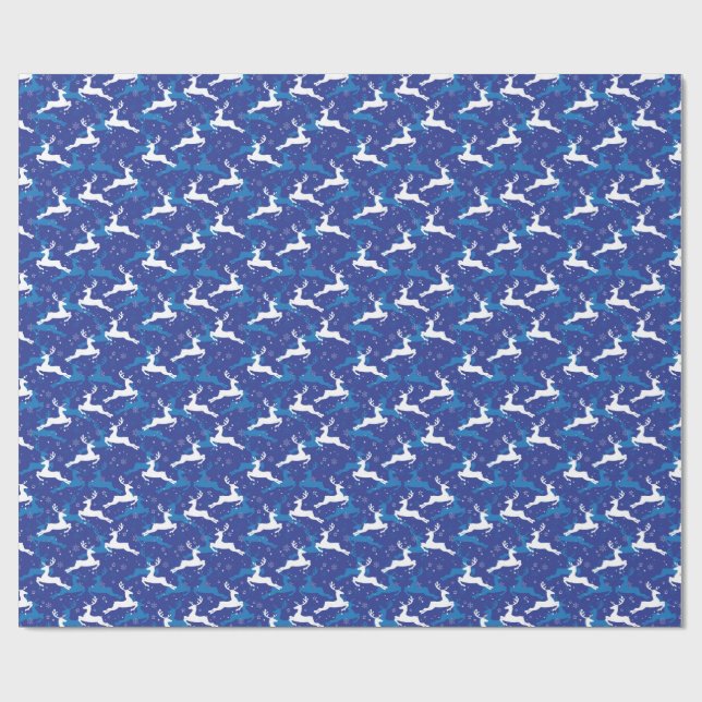 Christmas Blue and White Jumping Deer Wrapping Paper (Flat)