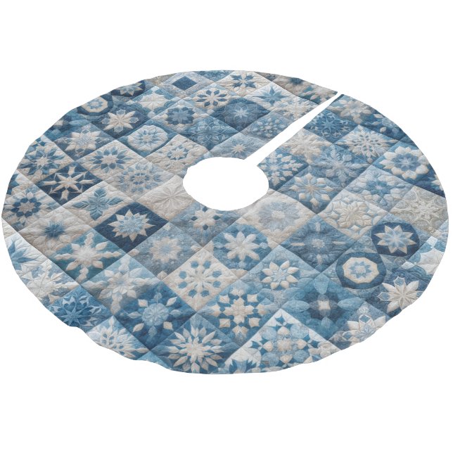 Christmas Blue and White Snowflake Quilt Brushed Polyester Tree Skirt (Angled)