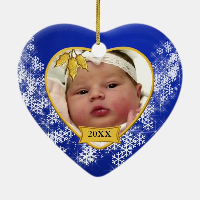 Christmas Blue Baby's Photo Heart Ceramic Tree Decoration (Back)