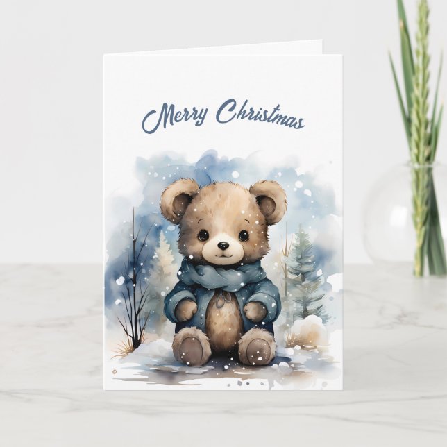 Christmas Blue Bear Illustration  Card (Front)