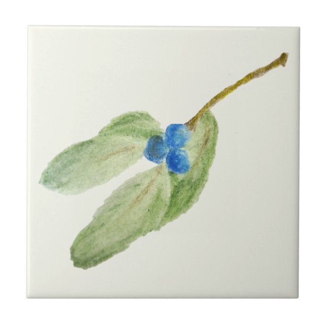 Christmas Blue Berries Sprig Rustic Botanical Tile (Front)