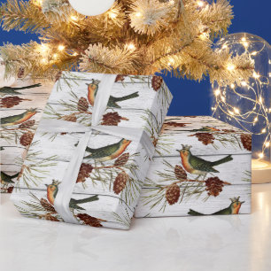 Christmas Blue Birds Pine Cone Branch Vintage  Wrapping Paper