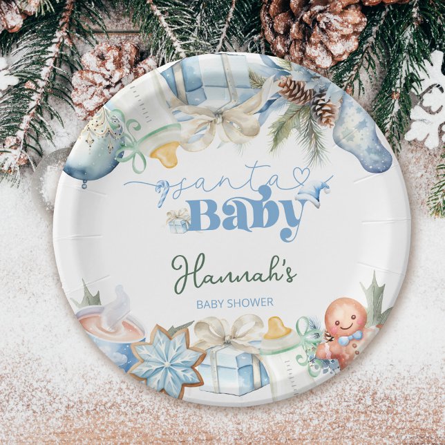 Christmas Blue Boy Santa Baby Shower Paper Plate (Creator Uploaded)