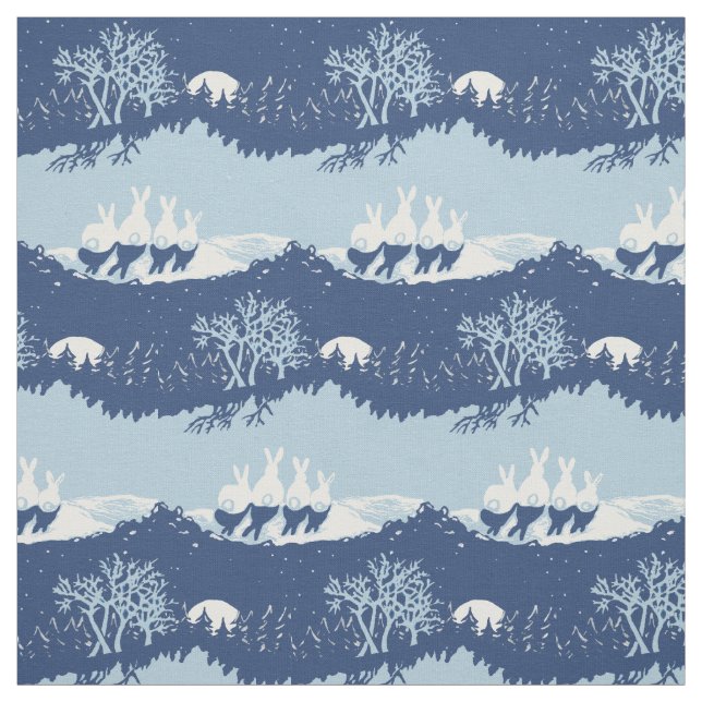 Christmas Blue Bunny Rabbit Cute Vintage Scene Fabric (Swatch)