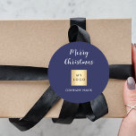 Christmas blue business logo classic round sticker<br><div class="desc">A classic navy blue background.  Personalise and add your business,  company logo and a text.  Text: Merry Christmas written with a modern hand letteres style script.</div>