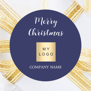 Christmas blue business logo classic round sticker