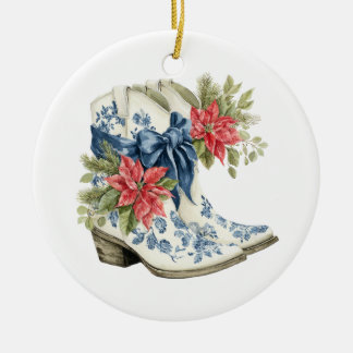Christmas Blue Chinoiserie Cowgirl Boots Ceramic Tree Decoration