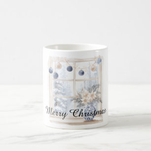 Christmas Blue Cream Ornaments Flowers Tree Window Coffee Mug