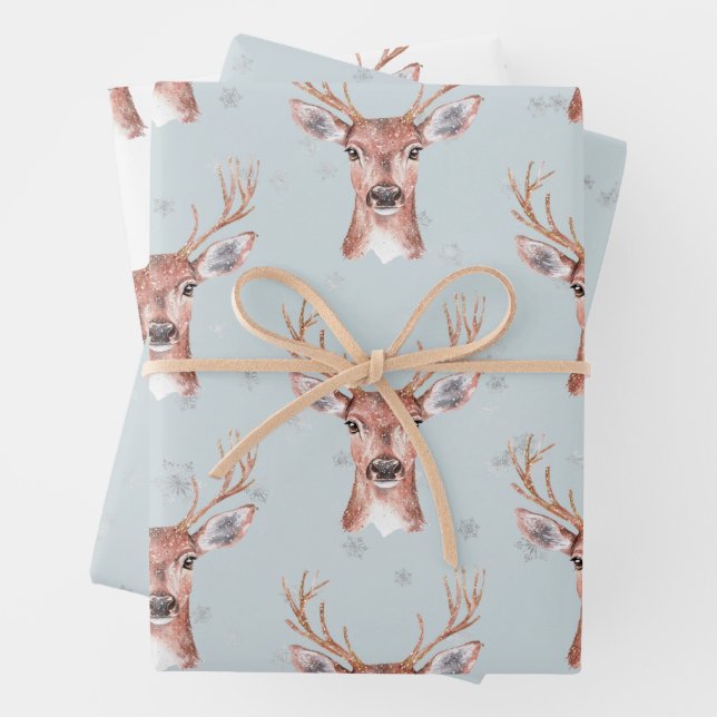 Christmas Blue Deer Snow Wrapping Paper Sheet (In situ)