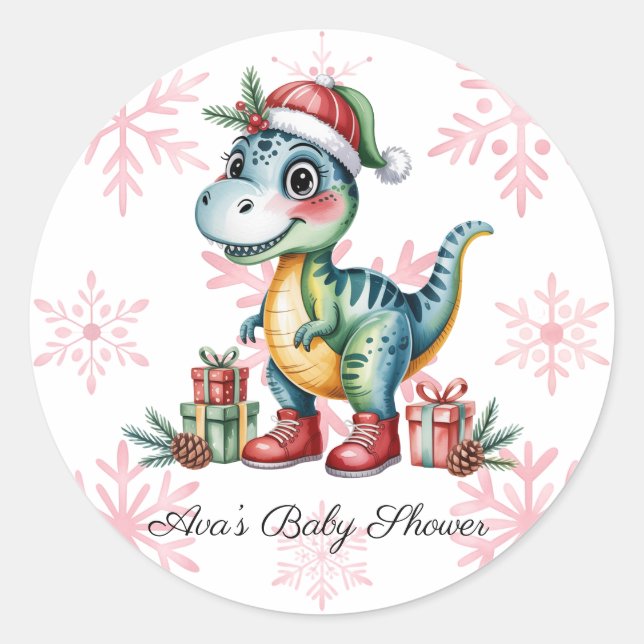 Christmas Blue Dino and Presents Boy Baby Shower Classic Round Sticker (Front)